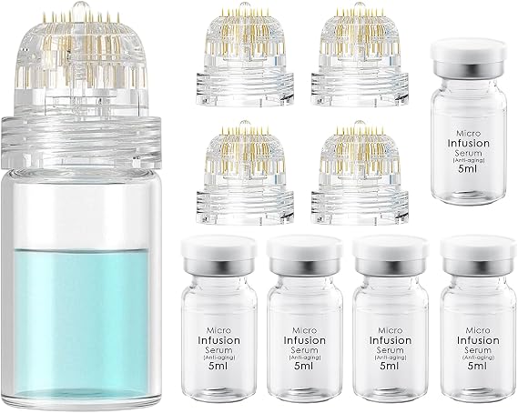 Microneedling Infusion System Set, Micro Microneedle Infusion System Included Hydra Needle 0.5mm 1Pc, 4 Replacement Needle Heads and Anti-Aging Serum Ampoules 5ml X 5, Anti-Aging Solution Treatment