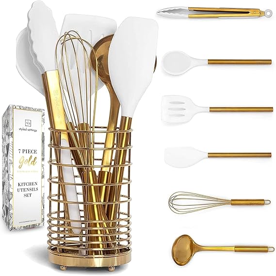 Styled Settings White and Gold Kitchen Utensils Set with Holder, 7-Piece | Silicone Cooking Tools with Gold Utensil Holder - Luxury Kitchen Accessories for Stylish Cooking and Serving