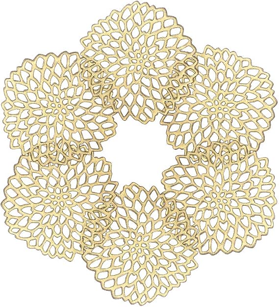 Sweet Elegance Coasters Set of 6 Hollow PVC Coaster Cup Mats Thanksgiving Table Ornament Decorations for Home Festival (Gold Flowers)