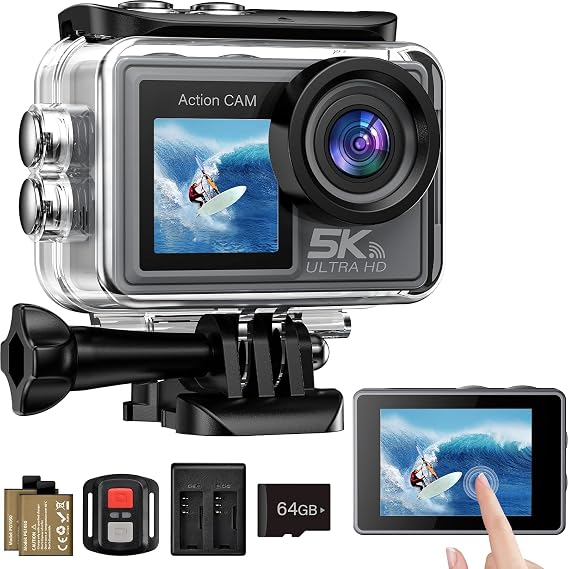 Action Cam 5K/4K, 50MP 30M/98FT Waterproof Underwater Camera with 64GB SD Card, IS, WiFi, 170° Ultra Wide Angle Action Camera - Ideal for Bike, Snorkelling, Motorcycle, Helmet Camera