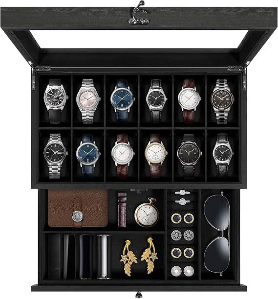 Uten 12-Slot Watch Box, 2-Layers with Drawer and large Glass Lid, Wood