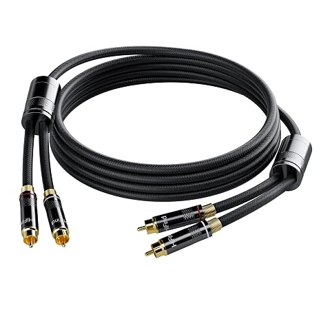 HiFind RCA Cable 6 Ft (Real Hi-Fi Sound-Silver Plated Copper- Spring SR-Shielded) 2 RCA Male to 2 RCA Male Stereo Audio Cable, Gold Plated, Copper Shell, Braided RCA Cord for Home Theater Speakers