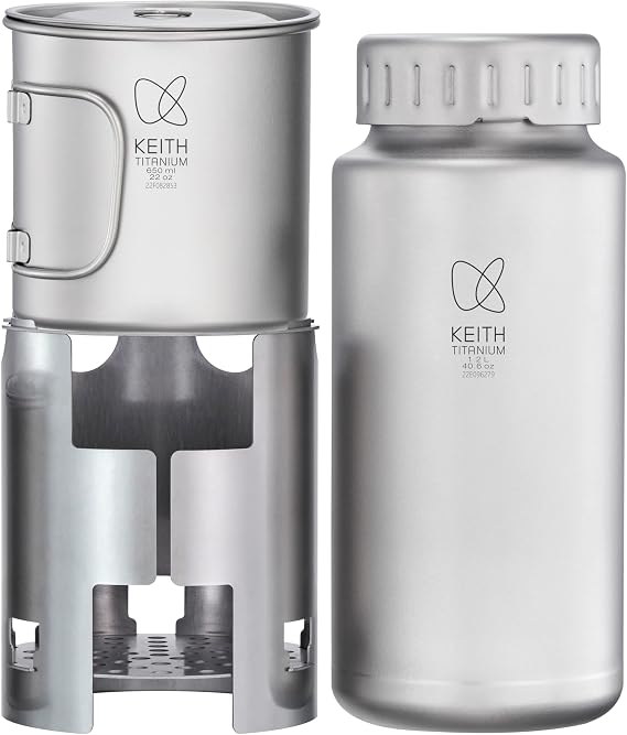 Keith Titanium Ti3070 Nesting Camp Set - Ultralight Plastic-Free Titanium Bottle, Mug & Wood Stove with Canvas Carry Bag - Durable, Portable, and Eco-Friendly for Camping, Hiking & Outdoor Adventures