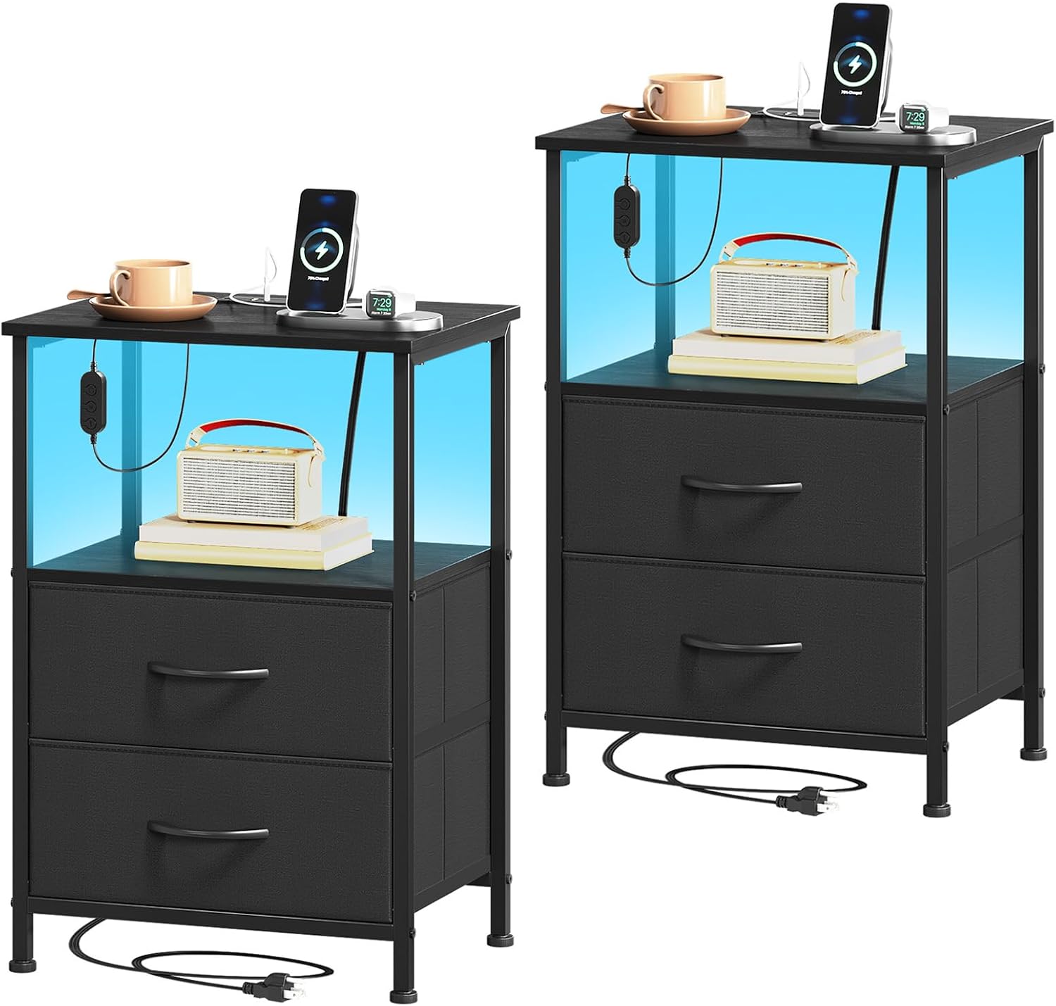Somdot Bedside Table Set of 2 with Charging Station and LED Light, Small Bed Side Table for Bedroom Dorm Kids Room Closet, 2 Drawers Bedside Cabinet with 2 Outlets and 2 USB Ports, Black