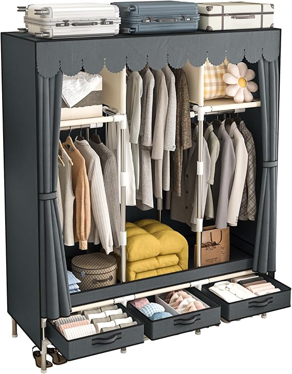 Portable Armoire Wardrobe Closet with 3 Drawers and 3 Hanging Rods,Cloth Closet Wardrobe Cabinet for Hanging Clothes,Grey Cover,for Clothing,Bedding,51 in Width