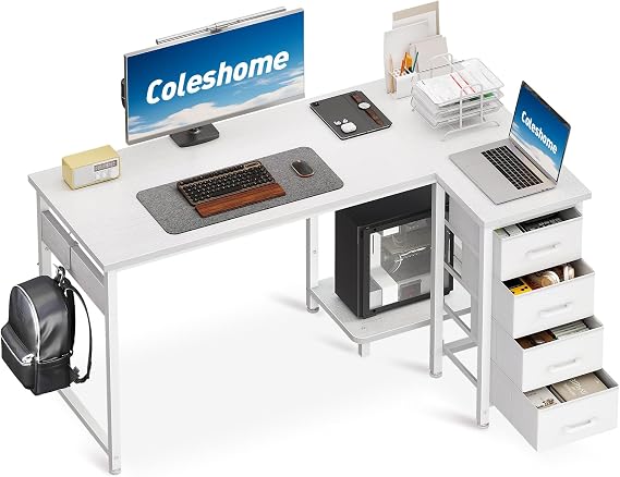 Coleshome Small Corner Desk with Drawers for Home Office, 120x70 cm, White