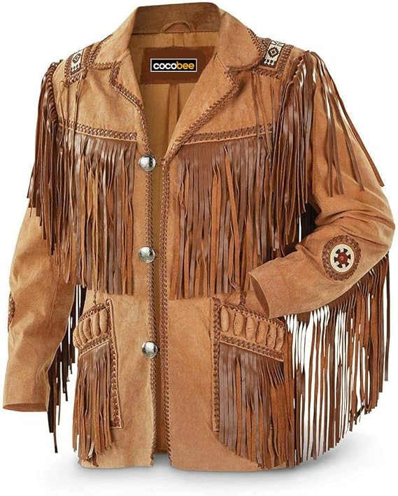 Men's Traditional Cowboy Western Leather Jacket Coat with Fringe Native American Jacket Suede Beaded (L) Black