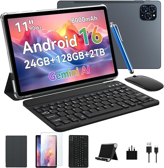 11 Inch Android 16 Tablet with Keyboard, FHD Display | Android tablets for work and study: Gemini AI 3.5, 24GB RAM 128GB ROM, Widevine L1, 8000mAh, keyboard, mouse, stylus