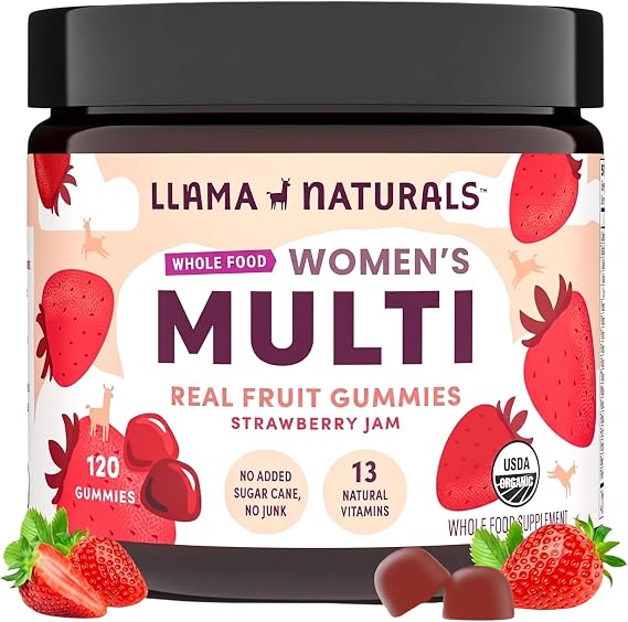 Llama Naturals Multivitamin for Women, Vegan, Organic Gummies with Vitamin D, C and K, Women's Real Fruit Gummy Vitamins, Chewable Multivitamin Supplement, No Added Sugar Cane, Strawberry, 120 Ct