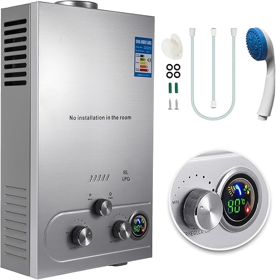 16L Gas Water Heaters, 32kw Instant Shower Water Heater, Digital Temperature Display & Easy Installation & 24-Hour Water Supply, For Kitchen Bathroom Shower Mall Salon, Silver