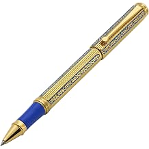 Xezo Legionnaire Fine Rollerball Pen 18K Gold-Plated, Diamond-Cut Finish, Hand-Etched, Egyptian Blue Color Lacquer, Individually Numbered, Limited to 250