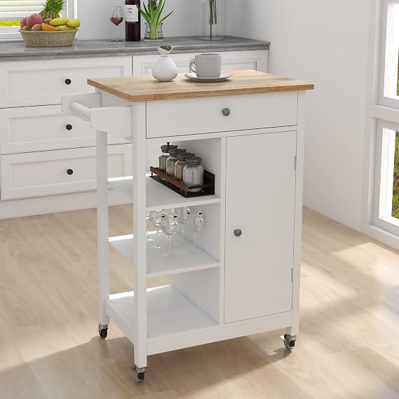 Mobile Kitchen Island on Wheels, Rolling Trolley Cart with Drawer and Open Shelves, Kitchen Island Cart with Towel Rack and Wood Top, Kitchen Serving Cart for Dining Room, White