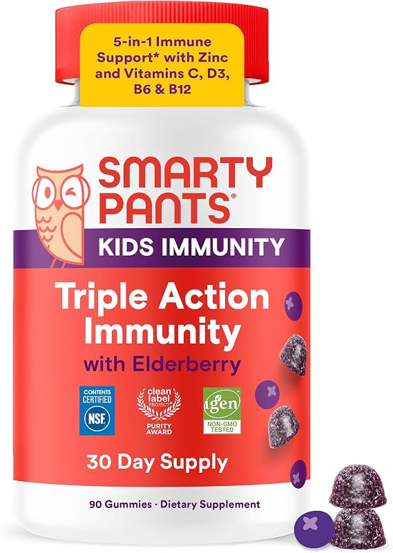 SmartyPants Kids Immunity Elderberry Gummies: Kids Immune Support Supplement, Vitamin C, Vitamin D, Vitamins B6 & B12 and Zinc, Gluten Free, Elderberry Flavor, 60 Count (30 Day Supply)