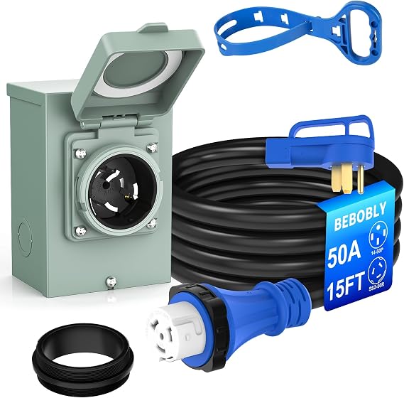 BEBOBLY 50 Amp Power Inlet Box and 15FT Generator Cord, 125V/250V Emergency Power Combo Kit, NEMA 3R Generator Plug, NEMA14-50P/SS2-50R RV Power Extension Cord, Twist Lock, Grip Handle