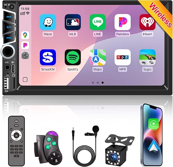 Wireless Apple Carplay 7" Double DIN Car Stereo IPS Touch Screen Car Bluetooth 5.2 Car FM Radio Bakcup Camera Subwoofer Ports Car Audio Receiver Android Car