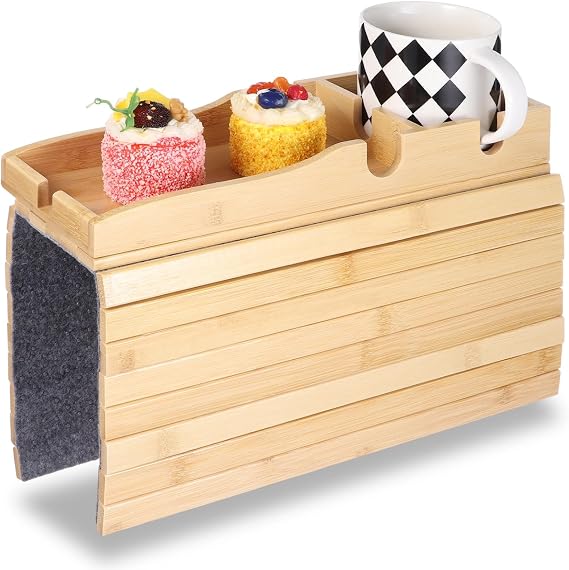Bamboo Couch Arm Tray with Cup Holder, Foldable Wooden Couch Cup Holder Armrest Table, Non-Slip Sofa Arm Tray Caddy with Storage Sections for Drinks, Phones, Remotes and Snacks