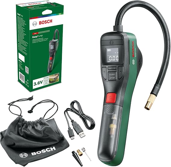 Bosch Home and Garden Easypump Elektrikli Hava Pompası Mini Kompresör, 3.0 Ah Akü, 3.6 V, Otomatik Durdurma Fonksiyonu, 150 Psi, 10.3 Bar, Led, Usb-C Şarj, Yeşil