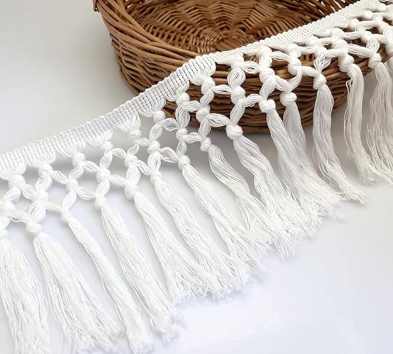 FQTANJU 3 Yards 14cm Wide Tassel Trim, Cotton Tassel Fringe Boho Macrame Tassel Ribbon for Sewing Accessories DIY Crafts and Home Decoration (Ivory White)