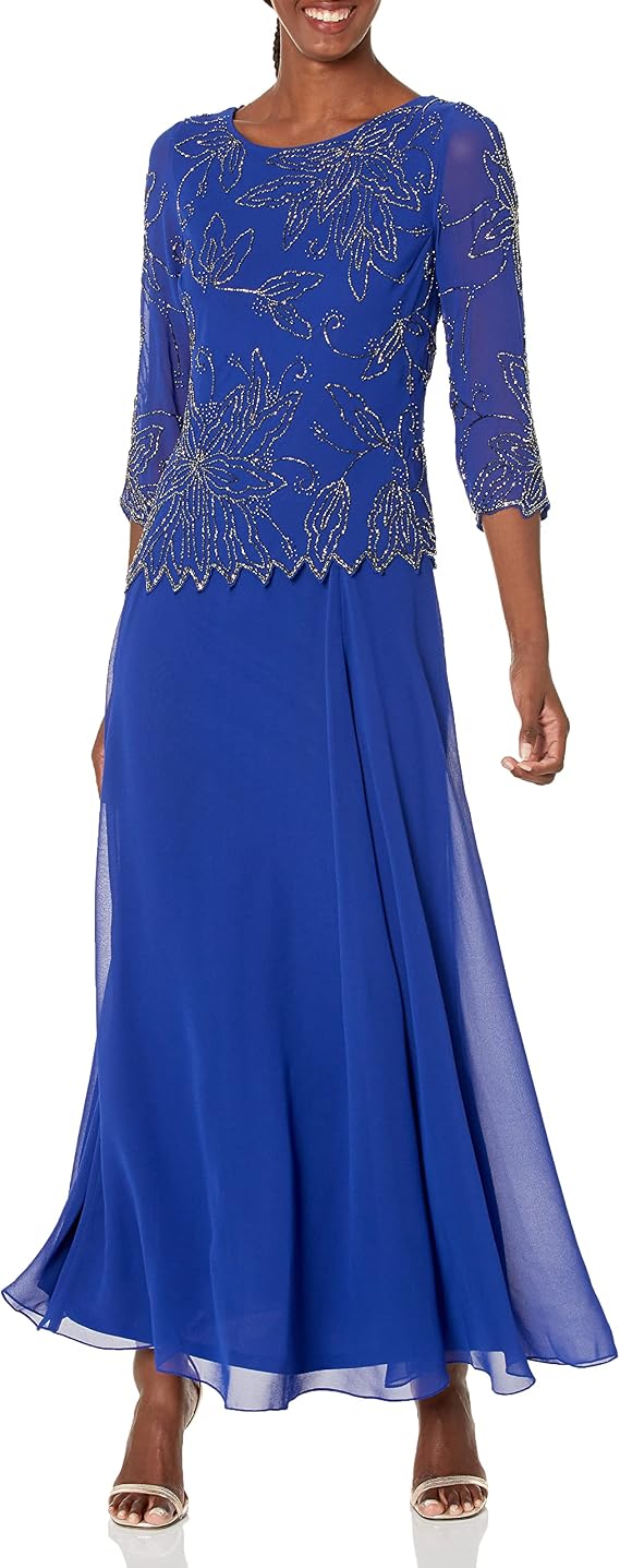 J Kara Womens 3/4 Floral Beaded Pop Over Gown