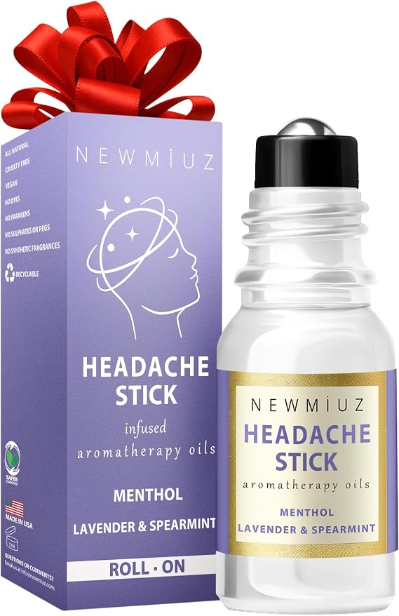 Migraine Roll on with Cooling Menthol Stick Lavender Spearmint Essential Oil Roller Headache Tension Stress Relief Gifts Perfect Stocking Stuffers - All Natural Made in USA