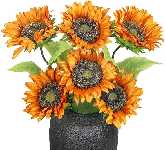 Olrla Artificial Sunflower Single Long Stem,6pcs Orange Silk Sunflowers for Flora Arrangements, Spring Decor, Home Office Table Centerpiece (NO VASE)