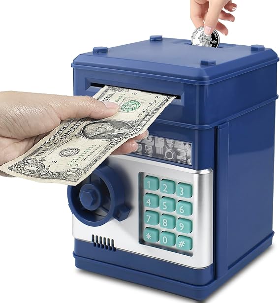 Mini ATM Piggy Bank Security Machine Best Gift for Kids,Electronic Code Piggy Bank Auto Scroll Paper Money Saving Box Coin Bank for Boys Girls Password Lock, Navy Blue