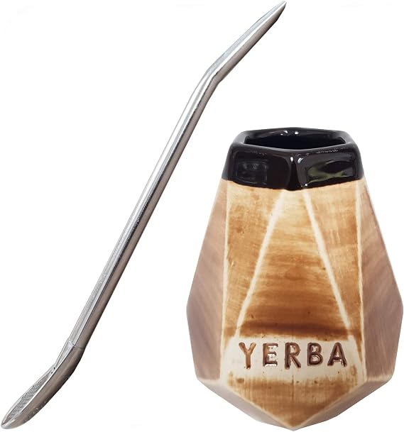 Gaucho Bruno Large Ceramic Yerba Mate Prism Cup with Stainless Steel Bombilla Drinking Straw - Reusable, Slip-Proof Gripping and Easy Cleaning - Natural Tones Angular Mug