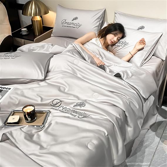 Cool Light Weight Cotton Quilt, King Size Cooling Blanket, Washable Ice Silk Simple Air Conditioning Comfoter Quilt Blanket, for All Ages and Skin Types, Hot Sleepers
