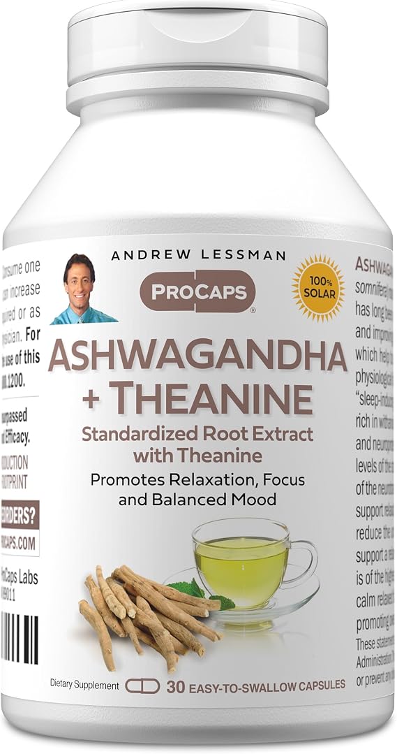 ANDREW LESSMAN Ashwagandha + Theanine 30 Capsules - Standardized Extract. Promotes Relaxation, Focus and Balanced Mood. Small Easy to Swallow Capsules