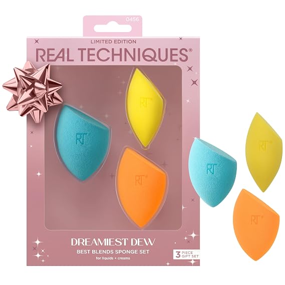 Real Techniques Dreamiest Dew 3 Piece Holiday Gift Set, Makeup Sponges For Blending Foundation & Concealer, Matte Or Dewy Base Application, Stocking Stuffer, Limited Edition, Latex-Free Foam