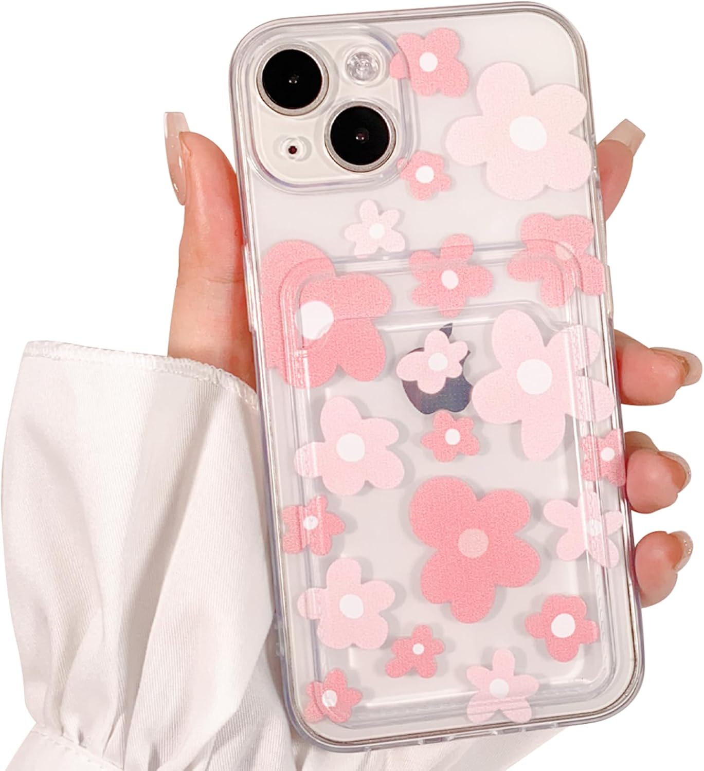 NITITOP Compatible for iPhone 14 Case Clear with Card Holder, Cute Flower Phone Cover for Women Girl, Protective Soft TPU Shock-Absorbing Wallet Case for iPhone 14-Pink Floral