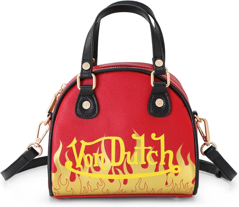 Von Dutch Flames Mini Bowling Bag | 6.8 Vegan Leather Crossbody with Logo | Hardware, Top Handles & Zip Pouch