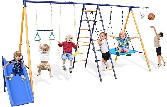 7 in 1 Swing Set for Kids Backyard Outdoor A-Frame Heavy-Duty Metal Swing Sets with Slide, 2 Swing Seats, 1 Climbing Net & Ladder, 1 Gym Ring, 1 Basket