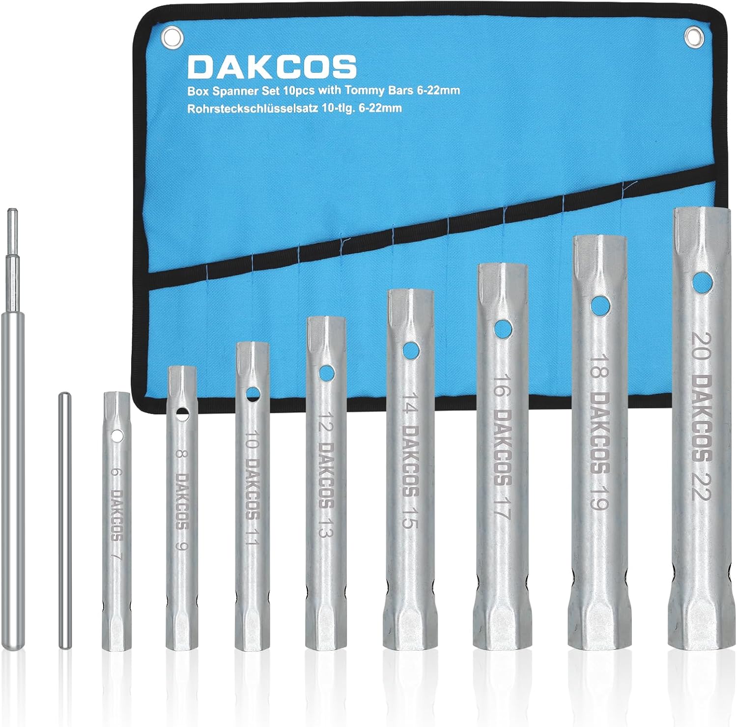 DAKCOS 10PCS Box Spanner Set with Tommy Bar, Metric 6-22mm Monoblock Tap Spanner Set for Tight Space