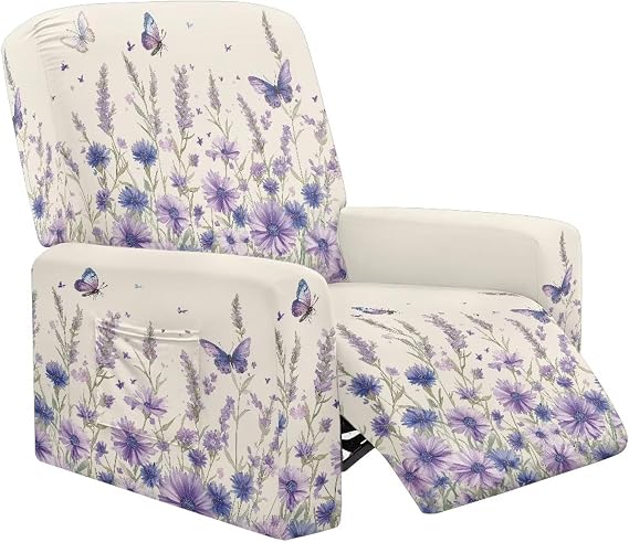 Purple Lavender Recliner Slipcovers 4 Piece Large Stretch Lazyboy Reclining Chair Cover Non Slip Recliner Protector Breathable Soft Furniture Covers with Side Pockets