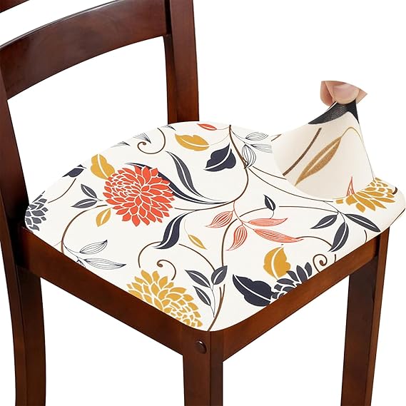 Stretch Chair Seat Covers for Dining Room Set of 4, Elastic Dining Chair Seat Protector Cover Removable Washable Chair Slipcovers with Ties