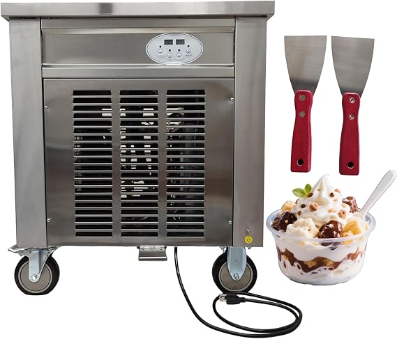 50x50cm Commercial Electric Fried Ice Cream Machine 1500W 110V Rolled Ice Cream Maker with Adjustable Temperature Foot Pedal Defrost 2 Spatulas for Yogurt, Fruits, Nuts (Includes Compressor)