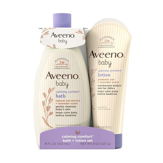Aveeno Baby Calming Comfort Bath & Body Lotion Set, 2 Items | Soothing Baby Wash & Body Lotion, Lavender & Vanilla Scent, Formulated with Oat Extract, Helps Calm Baby Before Bedtime