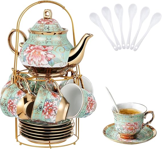 20 Pcs European Porcelain Tea Set, Gold Accent Floral Teacups & Metal Stand