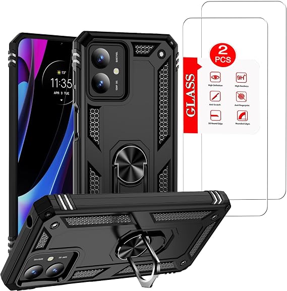 for Motorola Moto G14 Case with [2 Pack] Tempered Glass Screen Protector, for Moto G14 Case Heavy Duty Armor [Military-Grade] Protective,with Magnetic Stand Cover Black
