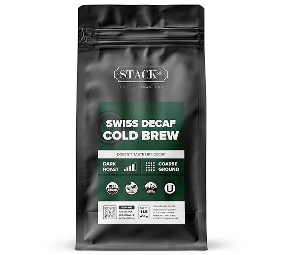 Organic Swiss Water Process Decaf Cold Brew Coffee Coarse Ground 1 LB - Dark Roast Coarse Grind - Doesn't Taste Like Decaf! - 100% Arabica Single Origin Beans By Stack Street