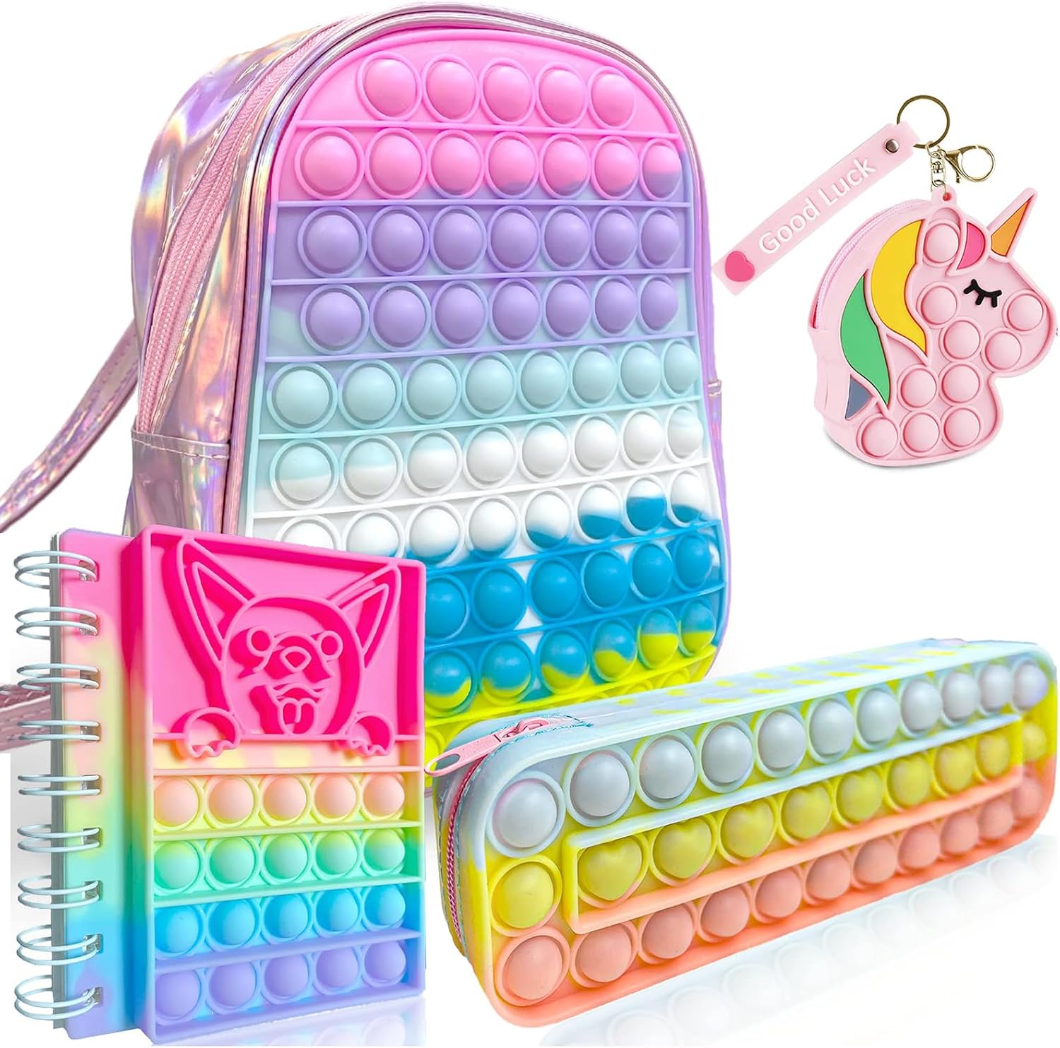 Pop Fidget Backpack for Girls & Notebook, Pencil Case, Keychain Pop Purse It Set for Kids Child Stress Relief, Pop Fidget Toys Gift for Birthday Party Favor Pop Its Bag Rewards Back to School Supplies