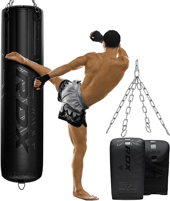 RDX Heavy 5FT Punch Bag for Pro Training, 25KG Pre Filled with 50KG Max Filling Capacity, 3PC Boxing Bag Set with Gloves Hanging Steel Chain, Kickboxing MMA Muay Thai BJJ Karate Home Gym Fitness