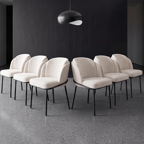 Upholstered Dining Chairs Set of 6, Checked Velvet Fabric Kitchen Chairs with Curved Backrest, Modern Accent Side Chairs with Metal Legs for Dining Room, Living Room, Cafe, Cream (6)
