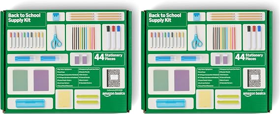 Amazon Basics 44-Piece School Supplies Student Success Kit - Complete School Supply Box with Study Essentials, Organization Tools & Classroom Basics, Multicolor (Pack of 2)