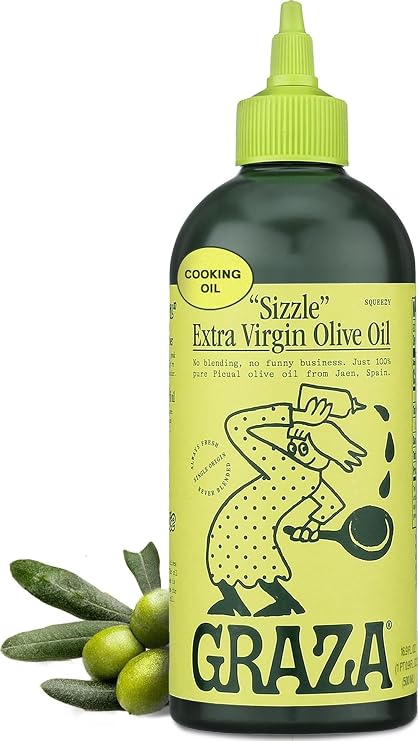 Graza Sizzle Extra Virgin Olive Oil, Cooking Oil - High Polyphenol Peak Harvest EVOO Cooking Oil in a Squeeze Bottle - Single Farm Olives from Spain - 25.3 Fl Oz (350ml)