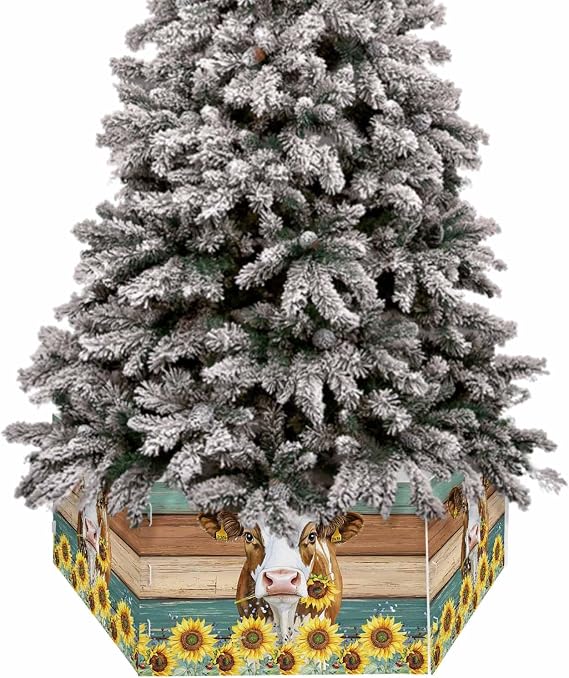 Farmhouse Cow Christmas Tree Collar Tree Box Stand Cover,Vintage Country Sunflower Teal Brown Wooden Artificial/Pencil/Silm/Skinny Tree Ring 6 Packs Collapsible Trees Skirt for Xmas Decor,17"x10"