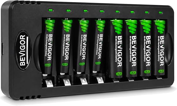 BEVIGOR Rechargeable AA and AAA Batteries with 8 Bay Smart Charger, 4 Pack AA 2800mAh & 4 Pack AAA 1100mAh Low self Discharge NiMH Battery