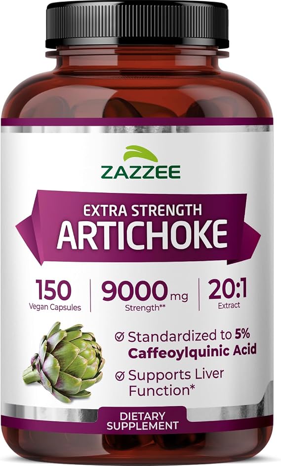 Zazzee Extra Strength Artichoke 20:1 Extract, 5% Caffeoylquinic Acid, 150 Vegan Capsules, 5 Month Supply, Cynara Scolymus, Digestive & Liver Detox Support, Herbal Supplement, Non-GMO, Made in the USA