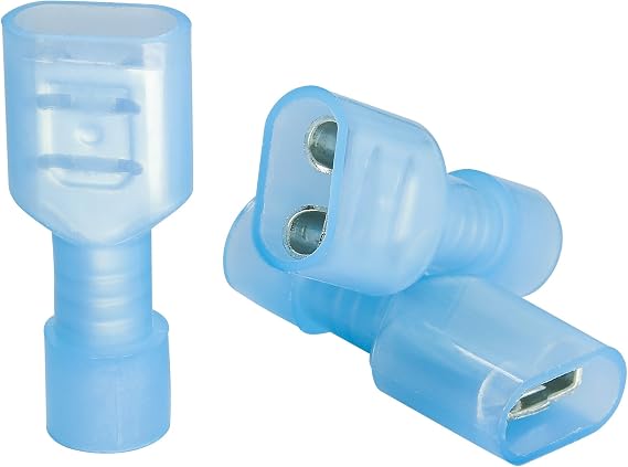 100 PCS Blue Female Nylon Disconnect Spade Terminal, 16-14 Gauge, Fully-Insulated Crimp Connector for Marine & Automotive Use - 0.25 Tin Plated Brass Receptacle